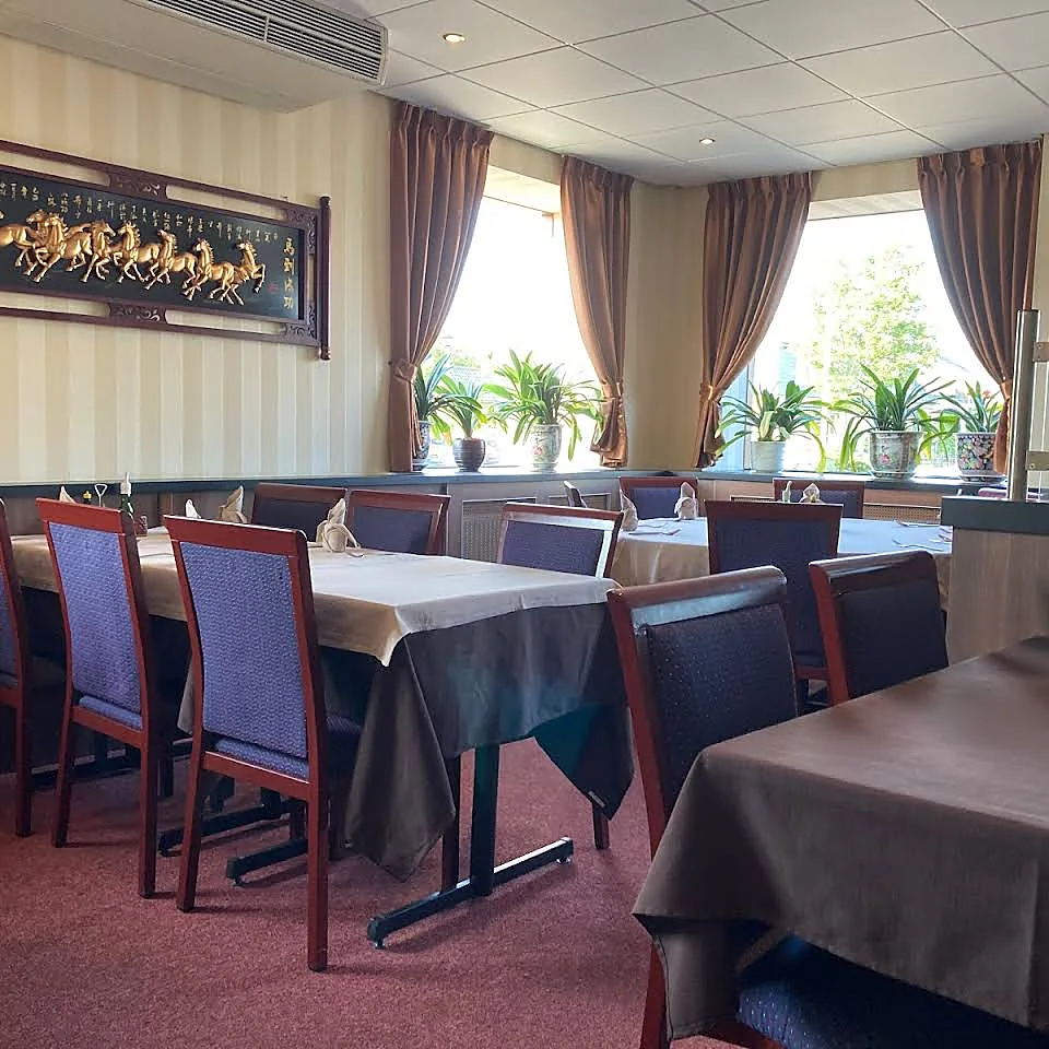 Het restaurant: gedekte tafels met blauwe stoelen en grote ramen met planten
